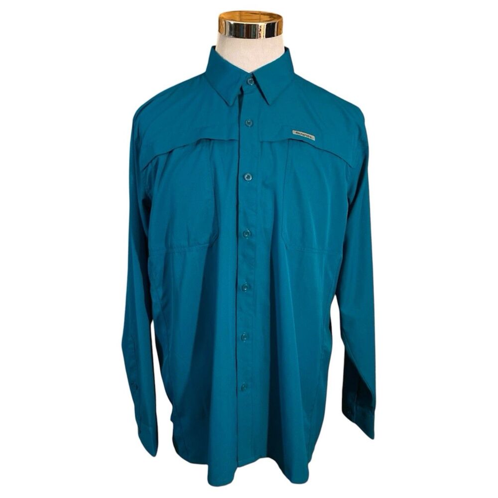 Simms Button Up Fishing Shirt Mens XL Teal Long Sleeve Breathable Guide Series